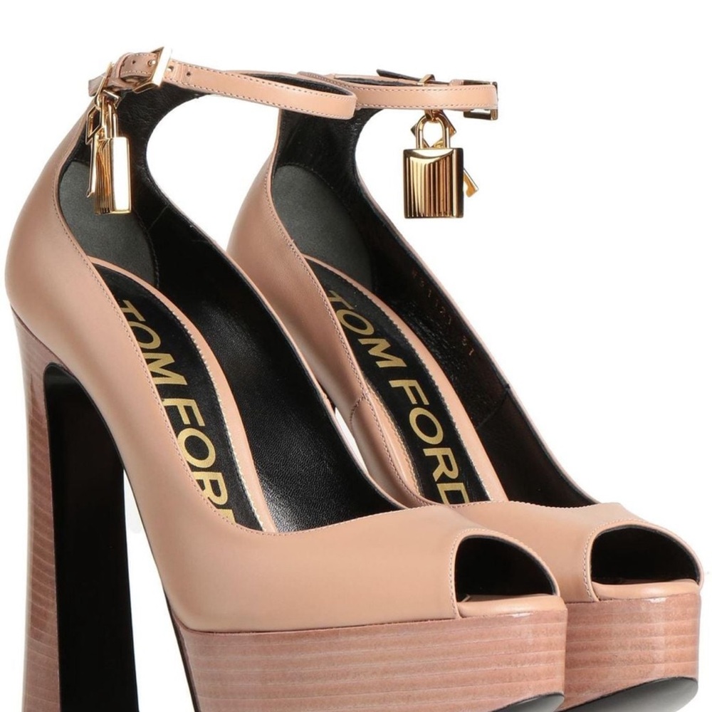 Tom Ford Nude Peep Toe Heels with Gold Lock
